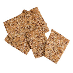 Healthy snack, wholemeal, wholewheat crackers with sunflower, linseed and sesame seeds. Isolated on white background.