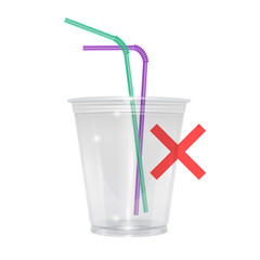 Realistic illustration of Plastic cup and straws ban. Symbol of stop plastic cup and straws disposable, stop plastic garbage pollution, Vector EPS 10 format