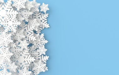 Christmas background with white paper snowflakes. Winter decoration. Xmas and new year paper art style greeting card, 3d render illustration on blue background.