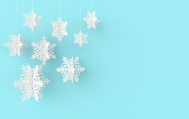 Christmas background with white paper snowflakes. Winter decoration. Xmas and new year paper art style greeting card, 3d render illustration on blue background.