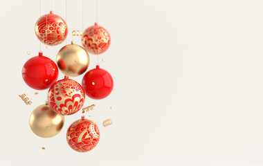 Merry Christmas and Happy New Year 3d render illustration card with ornate golden, red xmas balls and confetti. Winter decoration, minimal design