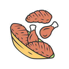 Meat plate color icon. Steak and chicken drumsticks. Butcher shop product. Restaurant, grill bar, steakhouse menu. BBQ party. Farming meat. Meat cookery. Isolated vector illustration