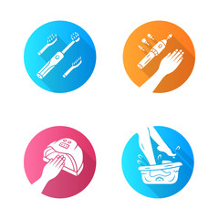flat design long shadow glyph icons set. Electric toothbrush and foot spa bath massager. Electric manicure and nail dryer. Beauty gadgets. Gel polish drying. Vector silhouette illustration