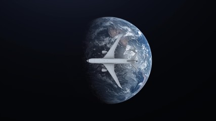 Travel concept of airplane flying around earth on space background. 3d illustration