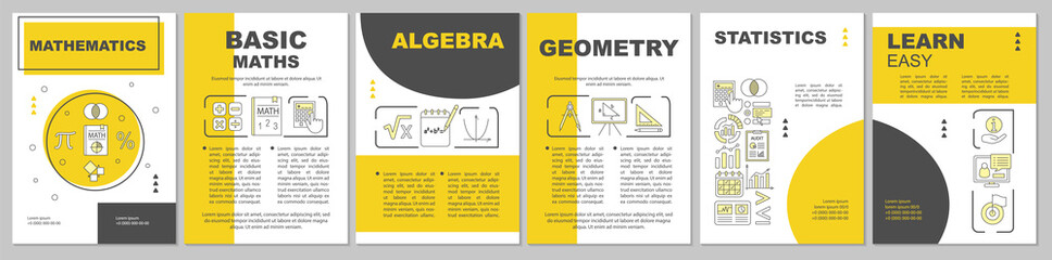 Fototapeta premium Mathematics lessons brochure template layout. Flyer, booklet, leaflet print design with linear illustrations. Geometry, algebra. Vector page layouts for magazines, annual reports, advertising posters