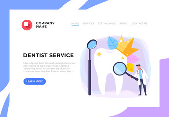 Tooth examination banner. Dentistry web page banner concept. Vector flat cartoon design graphic illustration