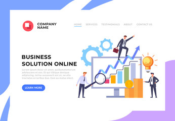 Business solution successful business teamwork web page banner concept. Vector flat cartoon design graphic illustration