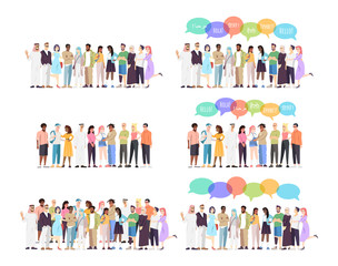 Multiethnic groups vector illustrations set. Different nationalities representatives standing together. Racial tolerance and cooperation. Intercultural communication, colorful speech bubbles