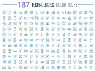 Naklejka na ściany i meble Technologies color icons big set. Internet, artificial intelligence, robots and chatbots. NFC, internet banking, online payments services. Mobile technologies. Isolated vector illustrations