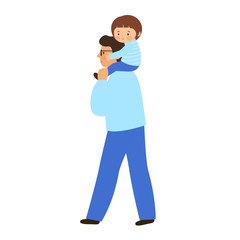 Girl sitting on the shoulders of men. Father carries daughter on his shoulders.