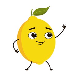 Cute character fruit lemon with leaf and stalk. Yellow fruit in cartoon style.