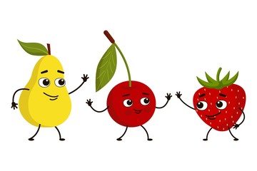 Cute characters fruit pear, cherry berries, strawberry with leaf and stalk. Cute funny fruits in cartoon style.