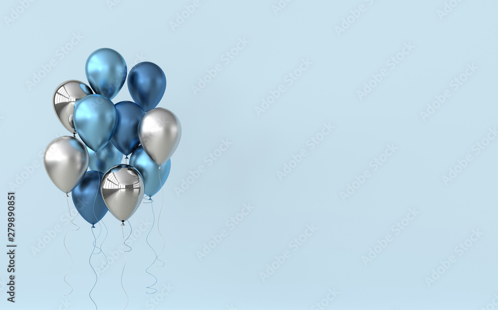 Wall mural Illustration of glossy blue and silver balloons on pastel colored background. Empty space for birthday, party, promotion social media banners, posters. 3d render realistic balloons