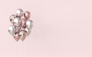 Illustration of glossy pink and rose gold balloons on pastel colored background. Empty space for birthday, party, promotion social media banners, posters. 3d render realistic balloons