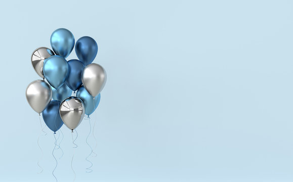 Illustration of glossy blue and silver balloons on pastel colored background. Empty space for birthday, party, promotion social media banners, posters. 3d render realistic balloons