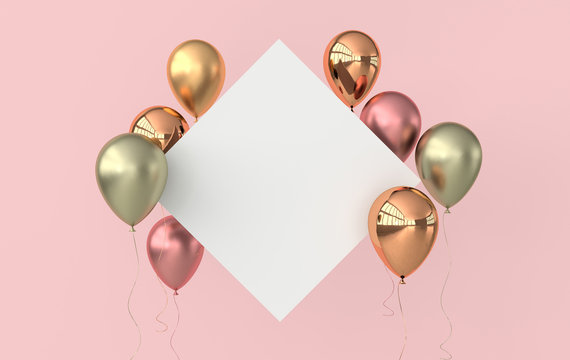 Fototapeta Illustration of glossy rose gold, colorful balloons and white paper on pink background. Empty space for birthday, party, promotion social media banners, posters. 3d render realistic balloons