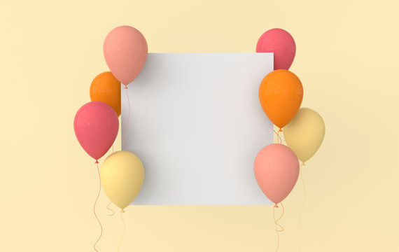 Illustration of glossy colorful balloons on pastel colored background. Empty space for birthday, party, promotion social media banners, posters. 3d render realistic balloons