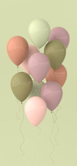 Illustration of glossy pastel colored balloons on green background. Empty space for birthday, party, promotion social media banners, posters. 3d render realistic balloons