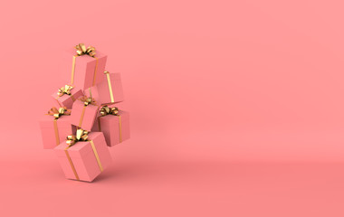 3d rendering of realistic pink gift box with golden ribbon bow on pink studio background. Empty space for party, promotion social media banners, posters.