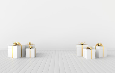 Obraz na płótnie Canvas 3d rendering of realistic interior with white gift box with golden ribbon bow. Empty space for party, promotion social media banners, posters. Set of present boxes