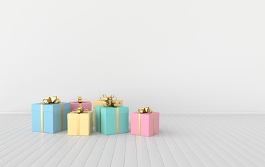 3d rendering of realistic interior with pastel colored gift box with golden ribbon bow. Empty space for party, promotion social media banners, posters. Set of present boxes