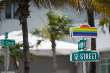 Gay pride rainbow flag Miami Beach Ocean Drive 12th Street