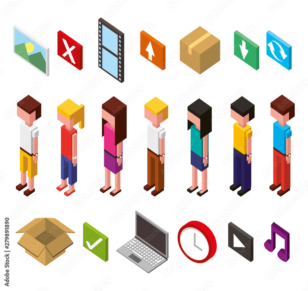 Poster bundle of data center and users avatars isometric set icons