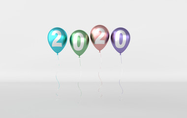 New year 2020 celebration background. Silver numbers 2020 on floating glossy balloons. Realistic illustration for New Year's and Christmas banners. 3d render