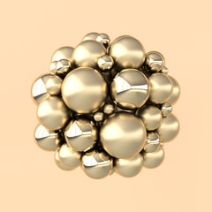 3d rendering of floating polished golden metal spheres on beige background. Abstract geometric composition. Group of balls in pastel colors with soft shadows