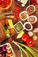 Preparation of vegetable salad with cheese. Diet healthy food. Summer salad with tomato and pepper. Vegetarian food.