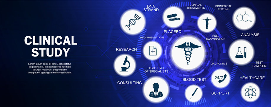 Healthcare, Clinical Study Concept. Medical banner with keywords and icons, website banner template (People Charting Disease or Scientific Discovery Web Header)  Vector illustration, Medical concept
