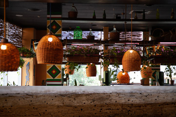 vintage wooden table on blurred cafe background dining room restaurant