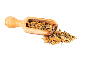 Alder Buckthorn Bark Dried Loose Herbal Tea In Wooden Scoop Isolated On White