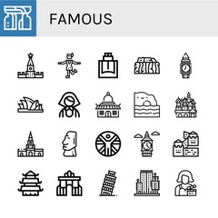 Fototapeta na wymiar Set of famous icons such as Monument, Kremlin, Charleston, Cologne, Stonehenge, Clock tower, Sydney opera house, Russian, Temple, Algarve, Cathedral of saint basil, Cartagena , famous