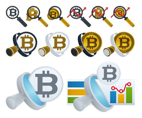 Magnifying glass and bitcoins