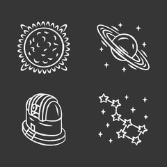 Astronomy chalk icons set. Space exploration. Sun, Saturn, observatory, constellation. Astrophysics, astrology. Celestial objects observing, studying. Isolated vector chalkboard illustrations © bsd studio