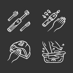 Beauty devices chalk icons set. Electric toothbrush and foot spa bath massager. Electric manicure and nail dryer. Nail file drill. Gel polish drying. Isolated vector chalkboard illustrations