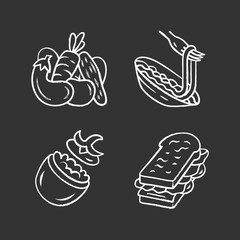 Nutritious food chalk icons set. Vegetables, pasta, stuffed tomato, sandwich. Cafe, restaurant snack, appetizer. Healthy nutrition. Salad, spaghetti. Isolated vector chalkboard illustrations