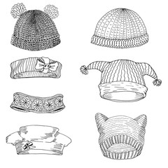 set of baby hats for infants. Sketch. Vector