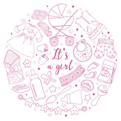 Round sticker with objects and clothes for baby girl. Doodle. Vector