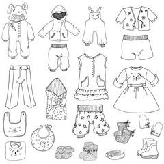 Set of clothes for newborns and little boys and girls. Doodle. Vector