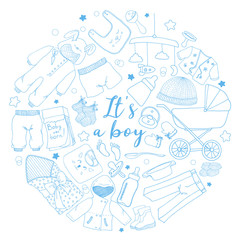 Round sticker with objects and clothes for baby boy. Doodle. Vector