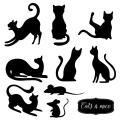 Set of cats and mice. Collection of silhouettes for stickers and stencils for Halloween. Vector