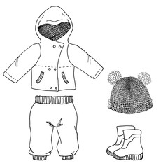 set of children's outdoor clothing for babies. Sketch. Vector