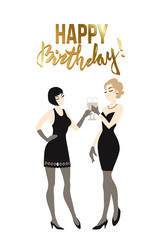 Two beautiful young women holding champagne glasses. Twenties retro party pin-up flapper girls in black dresses. Vector comic illustration