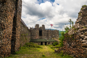 Interior of ruins of medieval fortress Maglic on top of hill by the Ibar river in Serbia. Valley of this river is also called Lilac valley.