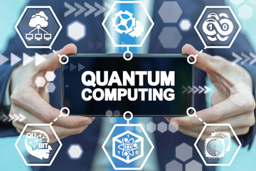 Man hold smartphone with quantum computing words on display. Quantum qubit intelligent computing...