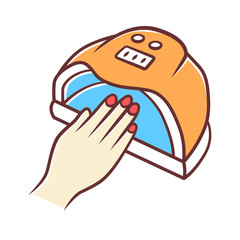 Nail dryer color icon. UV, LED, hybrid lamp. Gel polish drying. Beauty device for salon and home use. Nail care. Hand hygiene. Beauty instrument for manicure. Isolated vector illustration
