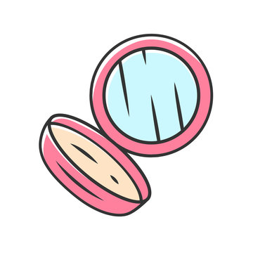 recommend clip art: Open face powder case color icon. Compact blush with mirror isolated vector illustration. Facial makeup attribute, personal cosmetic tool. Feminine fashion accessory, eyeshadow, beauty shop product