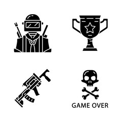 Online game inventory glyph icons set. Esports, cybersports. Battle royale. Computer game equipment. Soldier, winning cup, weapon, game over. Silhouette symbols. Vector isolated illustration